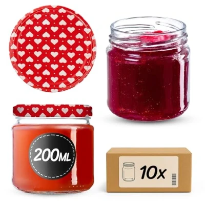 Image of KADAX Glass Jars 200 ml, Small Preserving with Metal Lids for Homemade Jam and Honey, Storing Spices Herbs (Red Hearts, Set of 10)