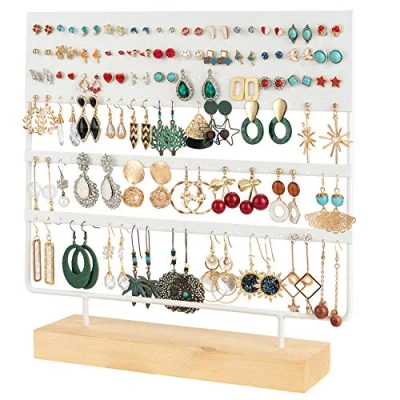 Image of QILICZ Earring Holder Stand 144 Holes Organiser Display Jewelry with Wooden Tray for Home Use (White)