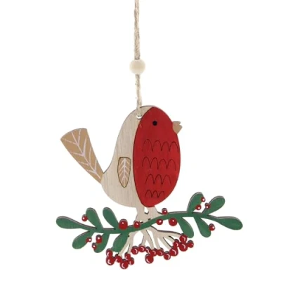 Image of Festive Productiions 11cm Wooden Robin Perched on a Berry Branch Hanging Christmas Decoration