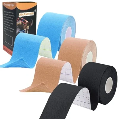 Image of ANAMPION Kinesiology Tape (3 Rolls,5cm*5m) Waterproof Sports for Athletes Physio Elastic Pain Relief Adhesive Muscles Shin Splints Ankle Knee Shoulder (Black+Blue+Flesh Color)