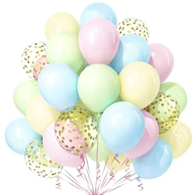 Image of Teselife Pastel Balloons, 30Pcs 12 Inch Macaron Blue Pink Green Yellow Gold Confetti Balloon Rainbow Multicolored with Ribbon Boys Girls Kids Birthday Wedding Anniversary Party Supplies