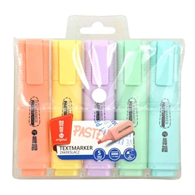 Image of Set of 5 highlighter pens, subtle pastel colours (1 x orange, 1 yellow, purple, green, turquoise), chisel tip, line width mm, permanent, quick drying