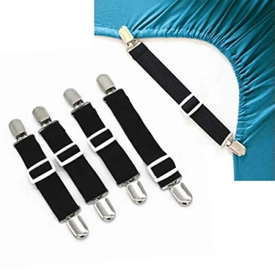 Image of Lesfit Adjustable Bed Sheet Fasteners Suspenders,Fitted Clips Garters Grippers with Elastic Holder Straps, Black（4 packs/set）