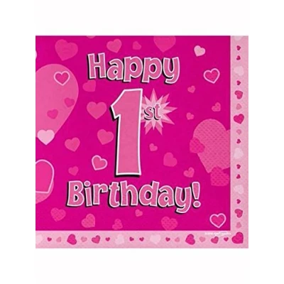 Image of Happy 1st Birthday Pink Hearts Luncheon Napkins 16pk