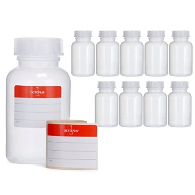 Image of Octopus 10x 250 ml LDPE wide mouth bottles with screw caps, empty chemical bottles, laboratory lids as storage containers for laboratory, kitchen or hobby