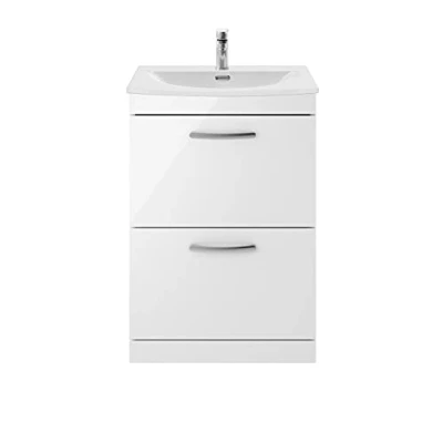 Image of nuie ATH034G Athena Modern Bathroom Floor Standing 2 Soft Close Drawers Vanity Unit with Curved Ceramic Basin 30mm Profile, 600mm, Gloss White