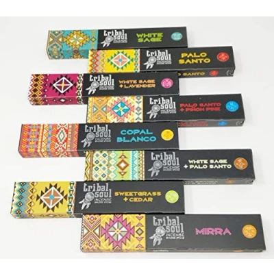 Image of Tribal Soul Incense Smudge Sticks 8 Fragrances White Sage, Palo Santo, Lavender, Copal, Mirra with JRose Holder Complete Aromatherapy Set