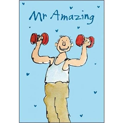 Image of Quentin Blake Illustrated Father&#039;s Day Card (WDM 450471) Mr Amazing, Weightlifting by Woodmansterne