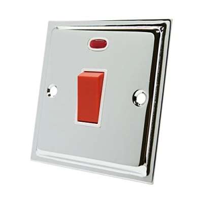 Image of Slimline Polished Chrome 45A Cooker Switch White Insert 45 Amp DP w/Neon Indicator 1 Gang Plate
