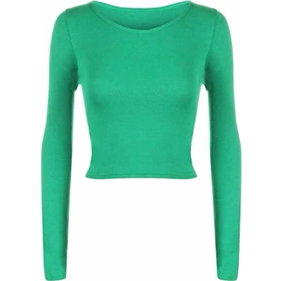 Image of Womens Crop Long Sleeve T Shirt Ladies Short Plain Round Neck Top Green 8 10