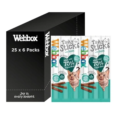 Image of Webbox Tasty Sticks Cat Treats, Duck Kitten Friendly, Wheat and Grain Free, No Artificial Colours (25 x 6 Packs)