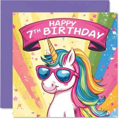 Image of 7th Birthday Card Cool Unicorn Sunglasses for 7 Year Old Girl, Age Cards Seventh Card, 145mm x Cute Greeting