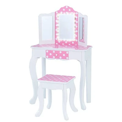 Image of Teamson Kids Princess Gisele Polka Dot Print 2 Piece Wooden Play Vanity Set with Table, LED Illuminated Tri Fold Mirror, Storage Drawer, and Matching Stool, White Pink