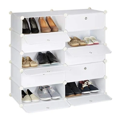 Image of Relaxdays 10 Tier Shoe Rack, Large Cabinet, Plastic Organizer, Space Saver, H x W D: app. 90 94 x37 cm, White