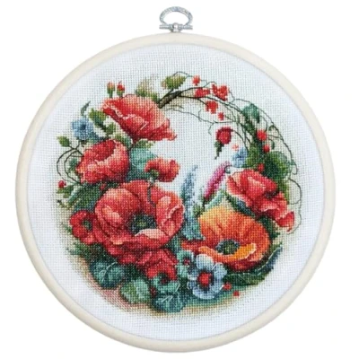 Image of Luca S Cross Stitch Kit with Hoop Included Composition Poppies, BC209, Counted for Adults, Needlecraft and Embroidery