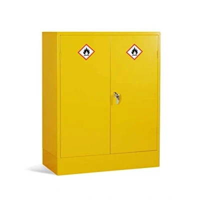 Image of Dangerous Substance Cabinet Inflammable Chemical Storage Metal Cupboard with 2 Shelves Hi Vis Yellow 1220mm High x 915mm Wide 457mm Deep (36 Litre)