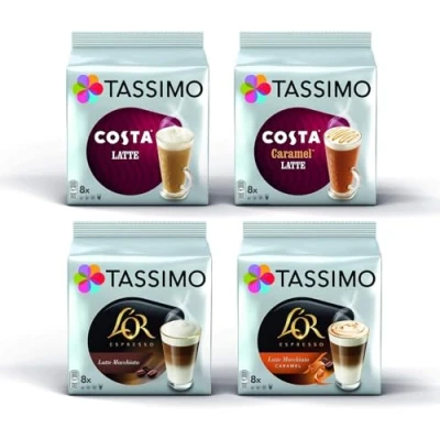 Image of Tassimo Latte Bundle Costa Latte/Costa Caramel Latte/L&#039;Or Macchiato/Latte Macchiato Coffee Pods 4 Packs (32 Servings)