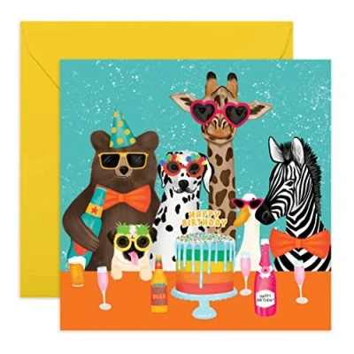 Image of Central 23 Happy Birthday Card For Her Him &#039;Partygoer Animals&#039; Greeting Sister Brother Mum Dad Gifts Women Men Comes With Fun Stickers