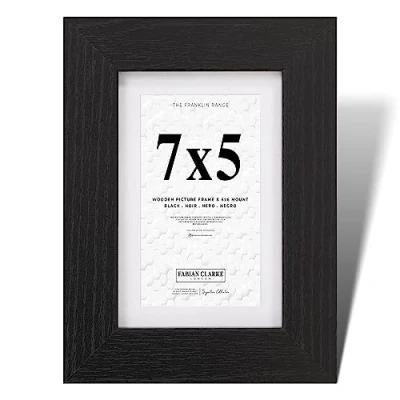 Image of Fabian Clarke London® 7x5 Modern Black Wooden Picture Photo Frame with 6x4 White Mount Includes Safety Glass Front Hang Portrait or Landscape