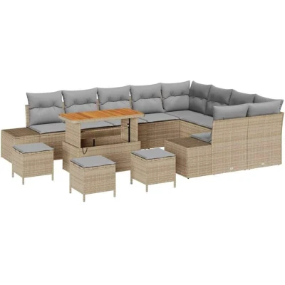 Image of vidaXL 13 Piece Garden Sofa Set with Cushions Beige Poly Rattan Acacia