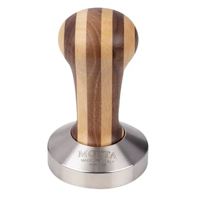 Image of Metallurgica Motta Striped Wood Espresso Tamper With Flat 58 mm Stainless Steel Base