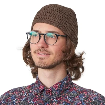 Image of CHARM Cotton Skull Cap for Men Crochet Kufi Hat Mens Beanie Prayer Knit Soft Sensitive Skin Chemo Brown M