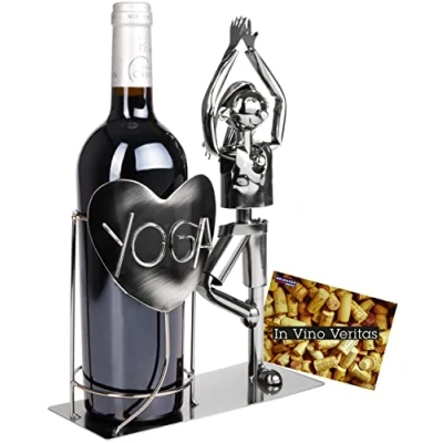 Image of BRUBAKER Wine Bottle Holder Yoga Metal Sculpture Stand Sport Figurine a Gift for Yogis and Enthusiasts with Greeting Card