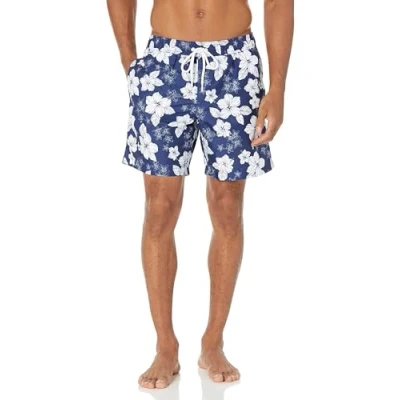 Image of Amazon Essentials Men&#039;s 7&quot; Quick Dry Swimming Trunks, Navy Hibiscus Flower, S