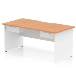 Image of Impulse 1600 x 800mm Scalloped Edge Straight Office Desk Oak Top White Panel End Leg Workstation 2 1 Drawer Fixed Pedestal