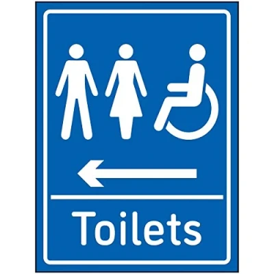Image of V Safety Mixed Toilets Arrow Left Sign 150x200mm Blue Self Adhesive Vinyl