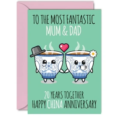 Image of Cute China Anniversary Card for Mum &amp; Dad 20 Years Together Happy 20th Wedding Cards Mum, A5 Greeting Twentieth Anniversaries