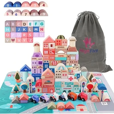 Image of High Five 115 Piece Wooden Building Blocks with City Map Construction Sets Stacking Preschool Educational Toy for Kids