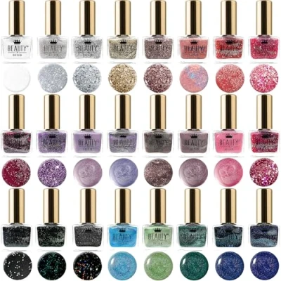 Image of Beauty4Britain 24 x Glitter Nail Polish Set Distinctive Shades 5 ML Contrasting Black Caps UK Seller
