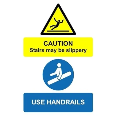 Image of Caution slippery stairs use handrail safety sign Self adhesive sticker (300mm x 200mm)