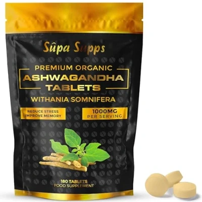 Image of Ashwagandha High Strength 10mm Tablets 1000mg (180 Pack) Organic Powder for Cortisol Reduction, Stress Relief &amp; Vitality Boost Premium Reducing Supplements