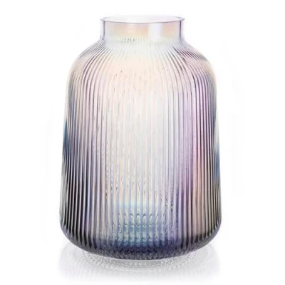 Image of Ribbed Glass Vase, Fluted Colored Iridescent Clear Flower Vases For Centrepiece, Large Round Decorative Living Room, Elegant Vase