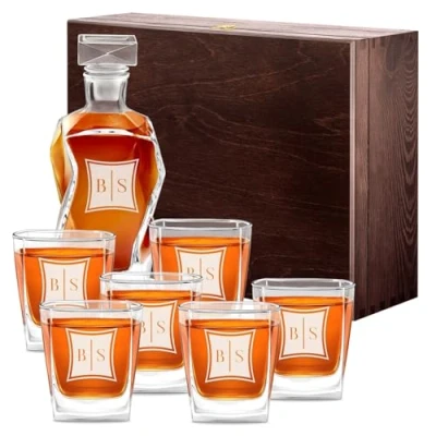 Image of Maverton Classic Curve Whiskey Decanter Set of 6 Glasses You can Personalise Tumblers as Gift 700 ml Universal Carafe Monogram