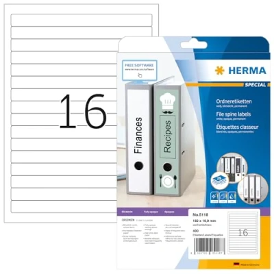 Image of HERMA Self Adhesive Spine Labels, 16 Labels per A4 Sheet, 25 Sheets, 192 x 16.9 mm, 400 Blank Lever Arch File Folder Stickers, Sticky for Laser &amp; Inkjet Printer, White