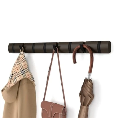 Image of Umbra Flip 8 Hook Wall Mounted Coat Rack, Modern, Sleek, Space Saving Hanger with Retractable Hooks to Hang Coats, Scarfs, Purses and More, Black/Walnut
