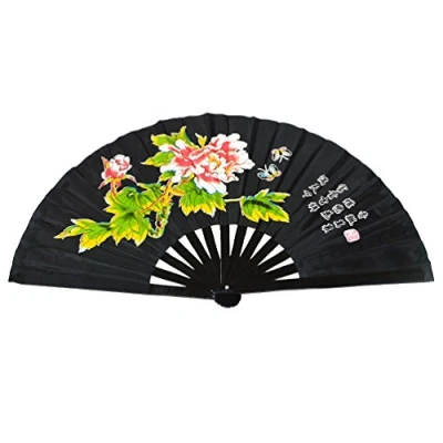 Image of Chinese Kung Fu Tai Chi Fan Arts Dance/Practice Performance Bamboo Folding Peony flower black background