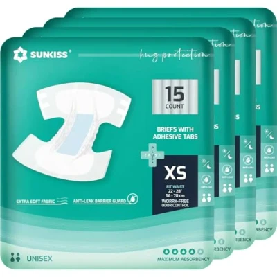 Image of SUNKISS TrustPlus Adult Diapers with Maximum Absorbency, Unisex Disposable Incontinence Briefs Tabs for Men and Women, Odor Control, XSmall, 60 Count (4 Packs of 15)