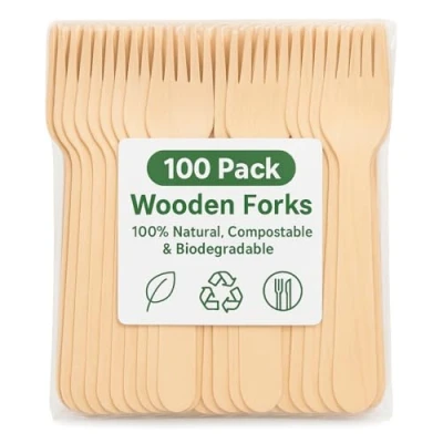 Image of 1Above 100Pk Disposable Wooden Cutlery Set, 100% Natural and Biodegradable, Eco Friendly Set for Wedding, Office Party Picnic (Fork)