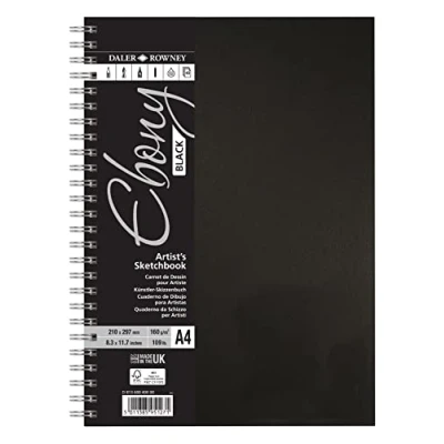 Image of Daler Rowney Ebony 160gsm A4 Lightly Textured Portrait Hardback Sketchbook, Spiral Bound, 50 Black Sheets, Ideal for Professional Artists &amp; Students