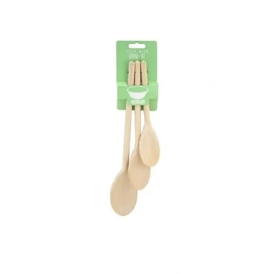 Image of The Home Fusion Company Traditional Beechwood Wooden Spoon Set Three Piece 8&quot; 10&quot; 12&quot; Cooking Mixing