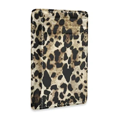 Image of Linomo Thin Leather Card Holder and Money Clip Leopard Print Wallet RFID Blocking for Men &amp; Women