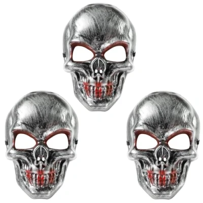 Image of Halloween Mask Bloody Skull Silver Costume Adult Outfit Scary Spooky Horror Party Face Fancy Dress Cosplay For Men Women (Pack Of 3) (HM17)