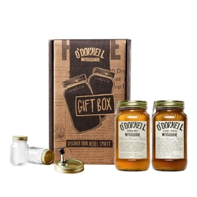 Image of O&#039;Donnell Moonshine Liqueur &quot;Tough Nut &amp; Sticky Toffee&quot; Mason Jars 2 x 700ml Natural Ingredients Vegan Premium 25% ABV 50 proof incl. 1 Pouring Lid Glasses