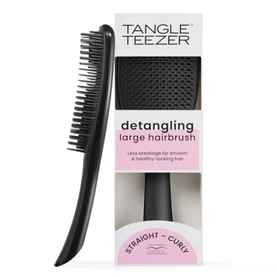 Image of Tangle Teezer The Large Ultimate Detangler Hairbrush Perfect for Long, Thick, Curly &amp; Textured Hair Two Tiered Teeth Gentle Detangling Reduces Breakage Ergonomic Handle Black Gloss