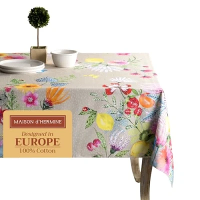 Image of Maison d&#039; Hermine Table Cloth 100% Cotton 140cm x 180cm Decorative Tablecover Washable Square Easter Tablecloths for Dining, Buffet Parties &amp; Wedding Use, Jardin D&#039;Ete Fog Spring/Summer