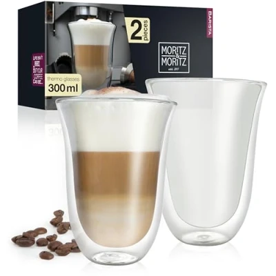 Image of Moritz &amp; Barista Napoli 2 x 300 ml Double Walled Latte Macchiato Glasses Set of for Macchiato, Tea, Hot and Cold Drinks Dishwasher Safe